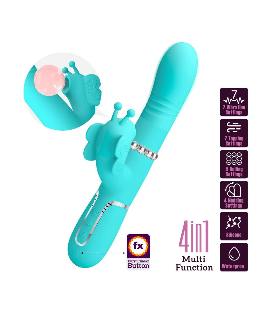 PRETTY LOVE - VIBRATORE MULTIFUNZIONE RABBIT 4 IN 1 FARFALLA VERDE ACQUA