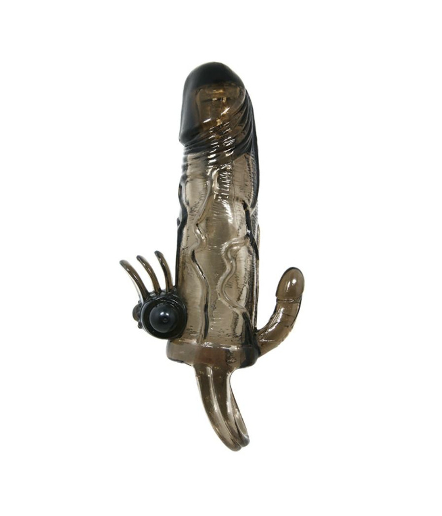 BAILE - CAPA PARA PÉNIS BRAVE MAN COM ESTIMULAÇÃO CLITÓRICA E ANAL DUPLA BALA PRETA 16.5 CM