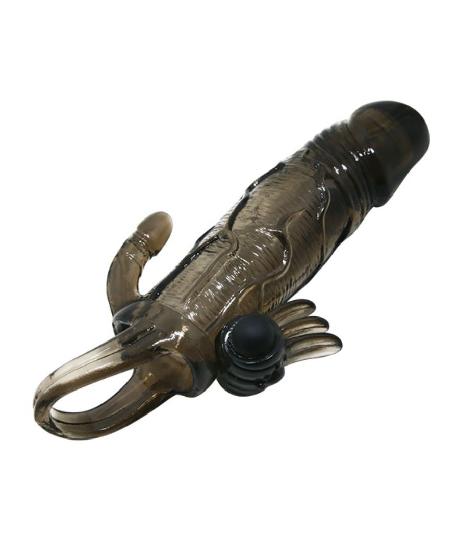 BAILE - CAPA PARA PÉNIS BRAVE MAN COM ESTIMULAÇÃO CLITÓRICA E ANAL DUPLA BALA PRETA 16.5 CM