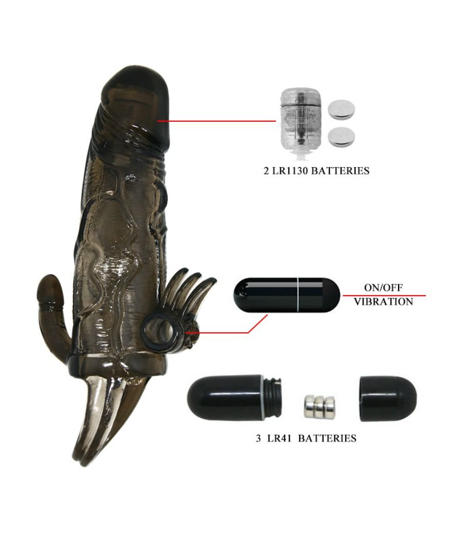 BAILE - COUVRE-PÉNIS BRAVE MAN AVEC STIMULATION CLITO ET ANAL DOUBLE BULLET NOIR 16.5 CM