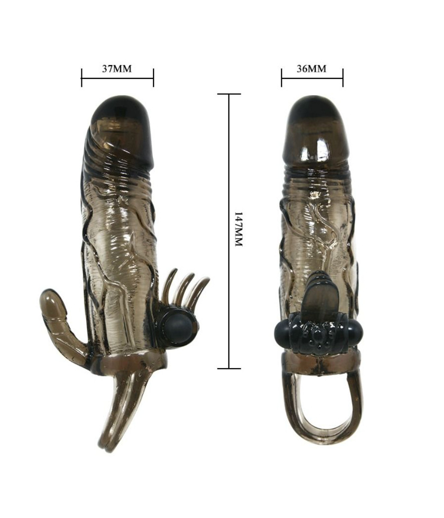 BAILE - CAPA PARA PÉNIS BRAVE MAN COM ESTIMULAÇÃO CLITÓRICA E ANAL DUPLA BALA PRETA 16.5 CM