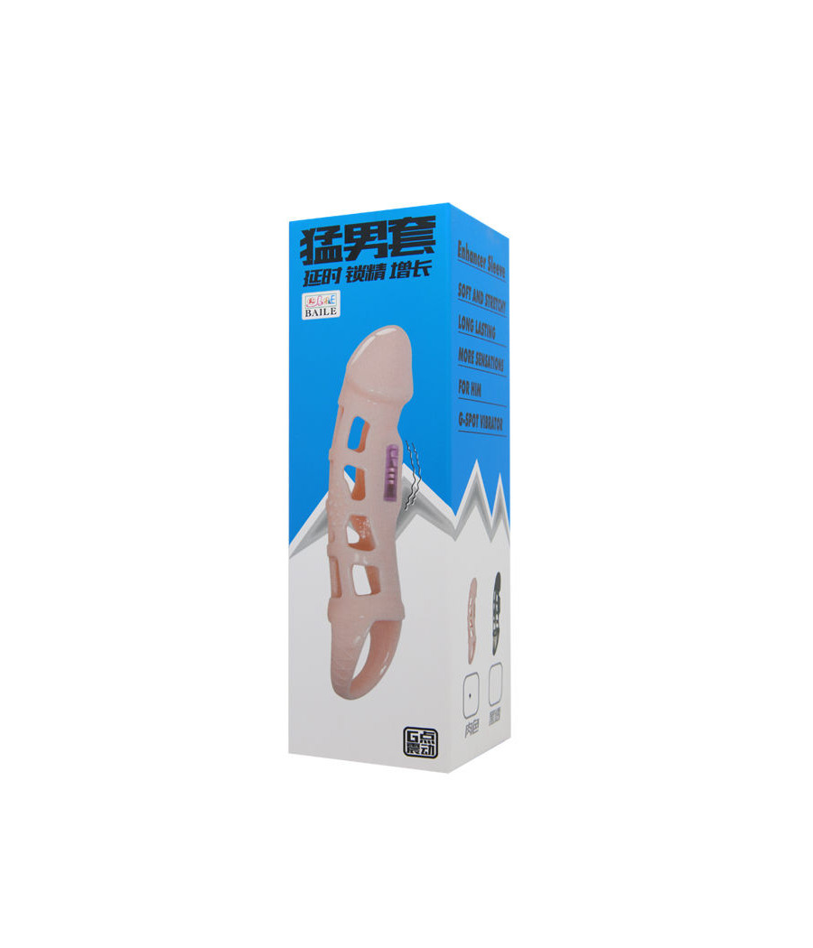 BAILE - FUNDA EXTENSORA PENE CON VIBRACIÓN Y STRAP NATURAL 13.5 CM