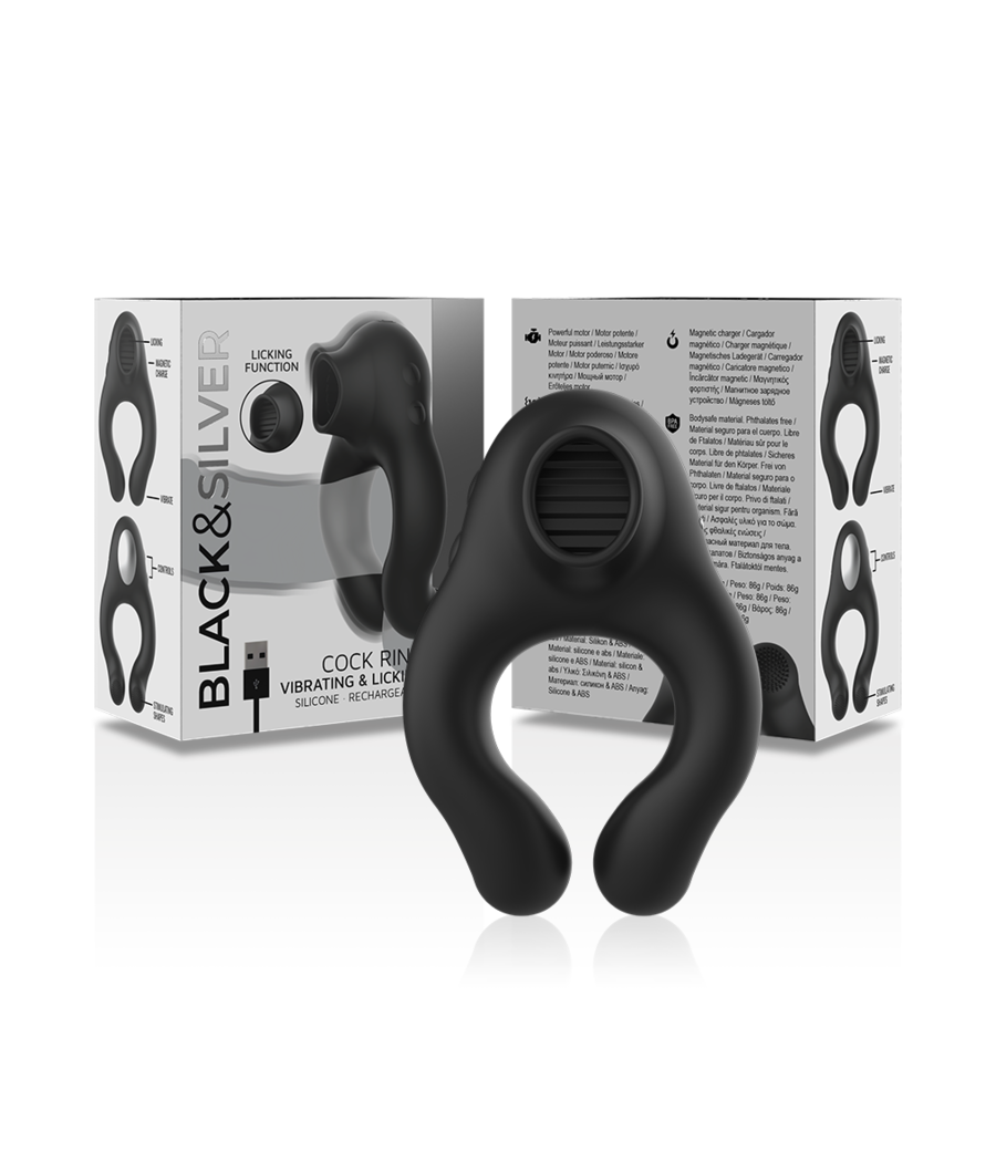 BLACK&SILVER - ANNEAU VIBRATEUR EN SILICONE 3 MOTEURS RECHARGEABLE NOIR