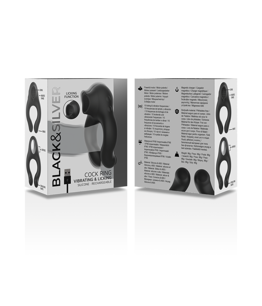 BLACK&SILVER - VIBRATORRING AUS SILIKON, 3 MOTOREN, WIEDERAUFLADBAR, SCHWARZ