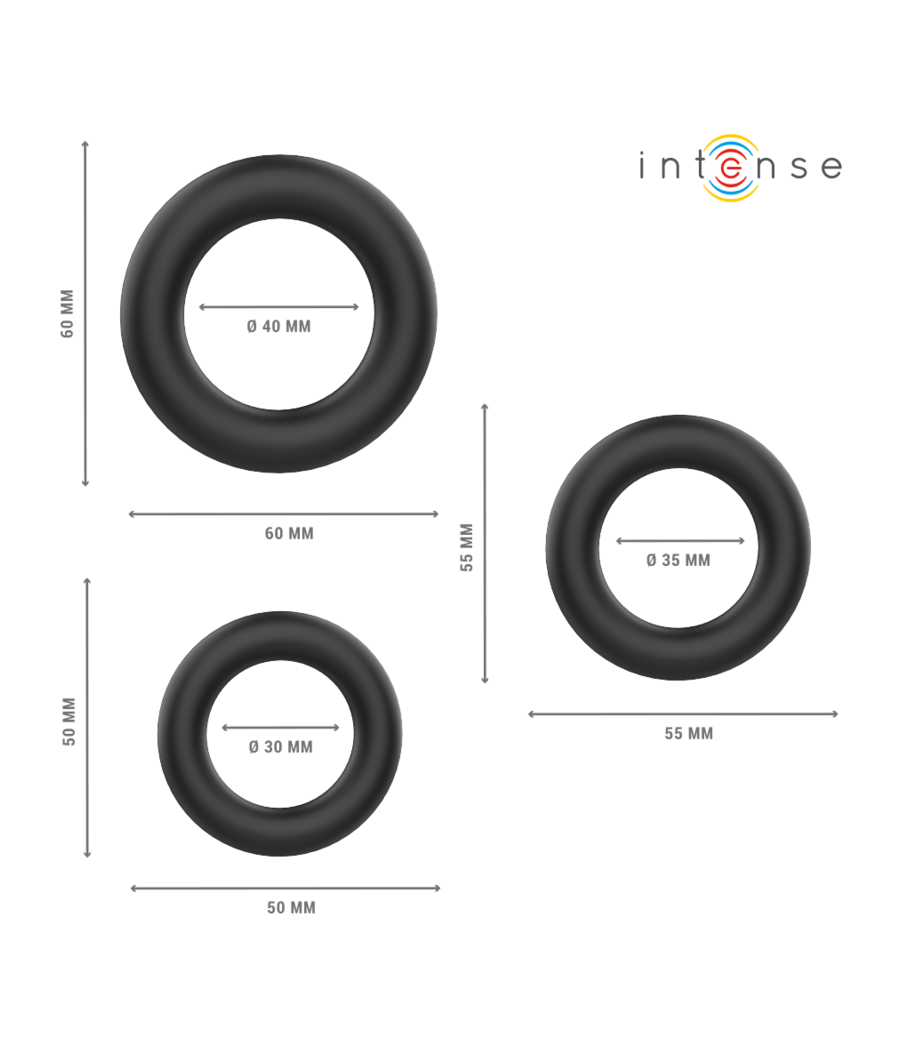 INTENSE - HUGH 3 ANNEAUX PÉNIS BASIQUES EN SILICONE NOIRS