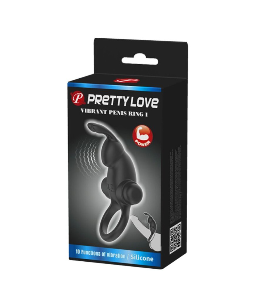 PRETTY LOVE - ANEL VIBRATÓRIO + ESTIMULADOR DE CLITÓRIS DE COELHO 10 VIBRAÇÕES PRETO
