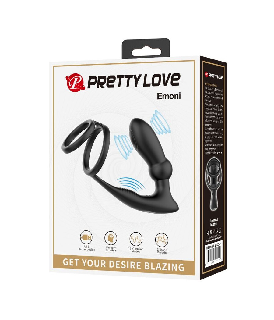 PRETTY LOVE - ANEL PENIS EMONI + PLUG ANAL 12 VIBRAÇÕES PRETO