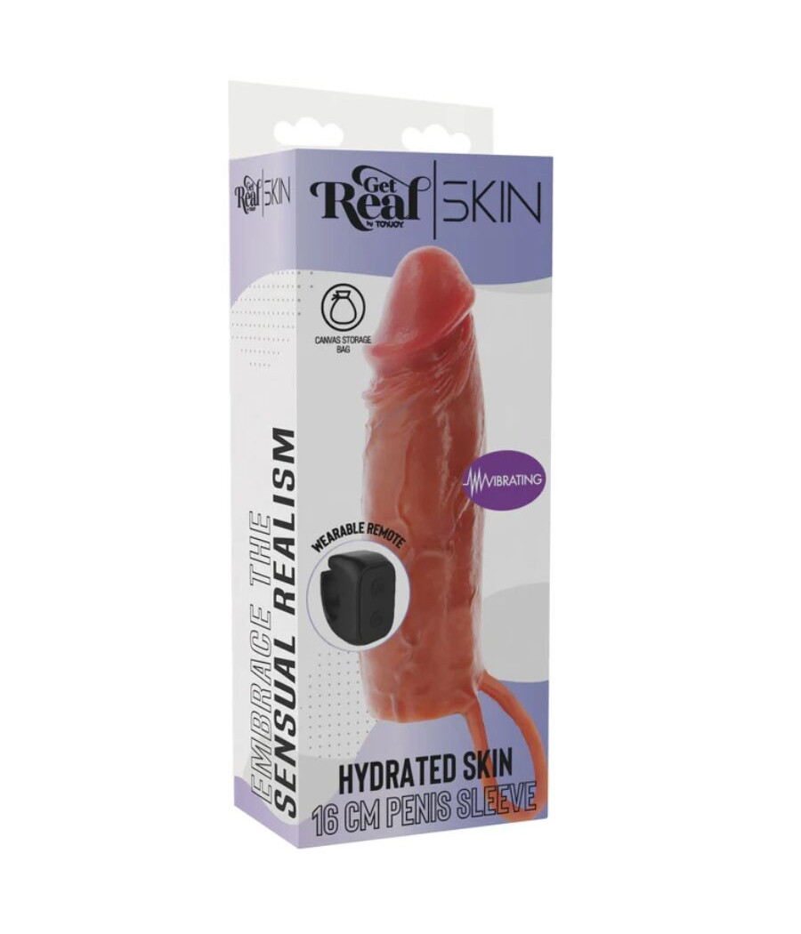 GET REAL – FEUCHTIGKEITSSPENDENDE SILIKON-VIBRATIONS-PENISHÜLLE IN KARAMELL, 16 CM