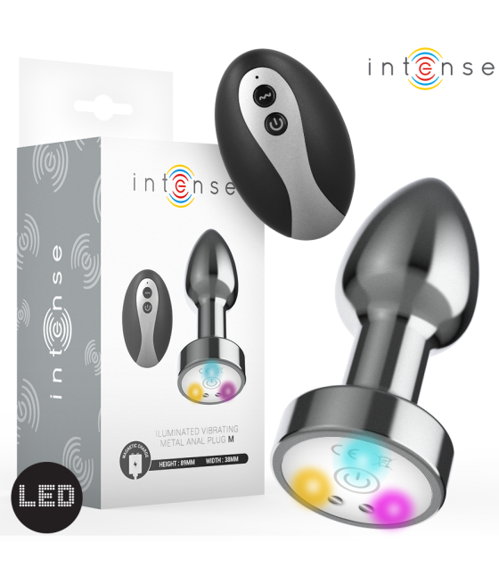 INTENSE - PLUG ANAL TALLA M DE METAL VIBRADOR CON LUCES LED MULTICOLOR Y CONTROL REMOTO