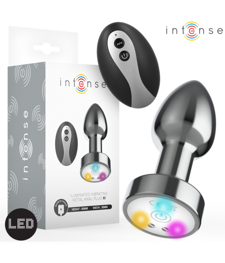 INTENSE - VIBRIERENDER ANALPLUG AUS METALL MIT LED-LEUCHTEN UND FERNBEDIENUNG - GRÖSSE M