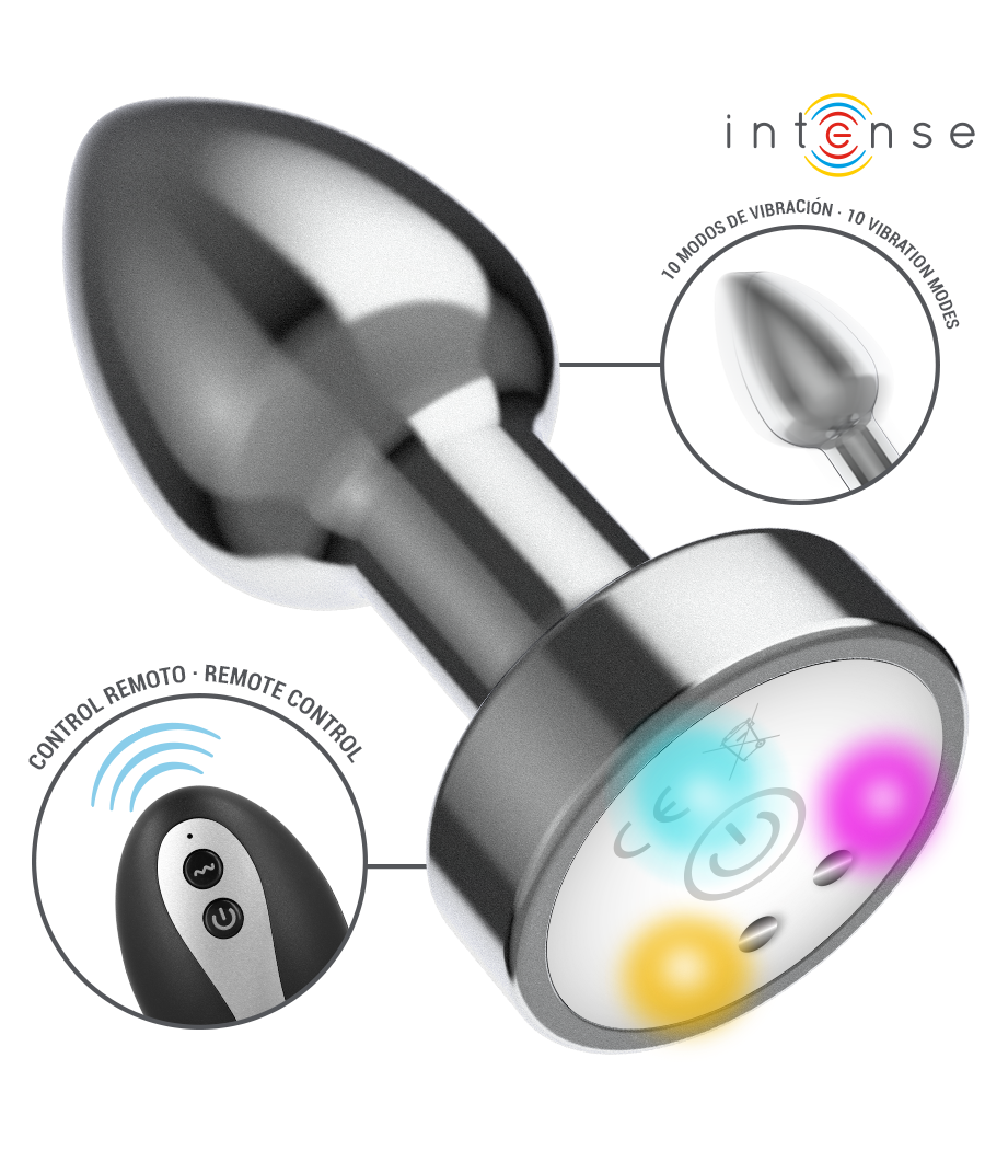 INTENSE - PLUG ANAL TALLA M DE METAL VIBRADOR CON LUCES LED MULTICOLOR Y CONTROL REMOTO