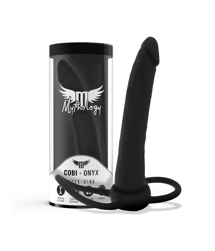 MYTHOLOGY - GODE ANAL COBI ONYX AVEC ANNEAU DE BITE ET TESTICULE 13 CM EN SILICONE