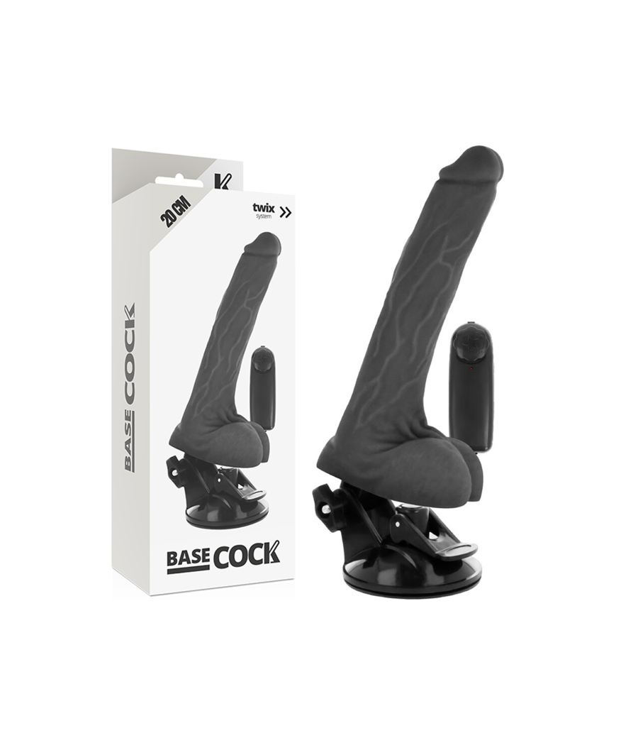 BASECOCK - VIBRATEUR RÉALISTE NOIR TÉLÉCOMMANDE AVEC TESTICULES 20 CM -O- 4 CM