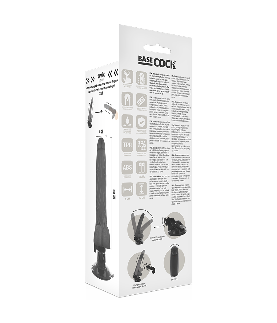 BASECOCK - VIBRATEUR RÉALISTE NOIR TÉLÉCOMMANDE AVEC TESTICULES 20 CM -O- 4 CM