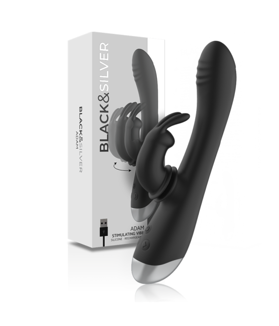 BLACK&SILVER - DJ. STIMULATEUR DE LAPIN RECHARGEABLE EN SILICONE ADAM NOIR