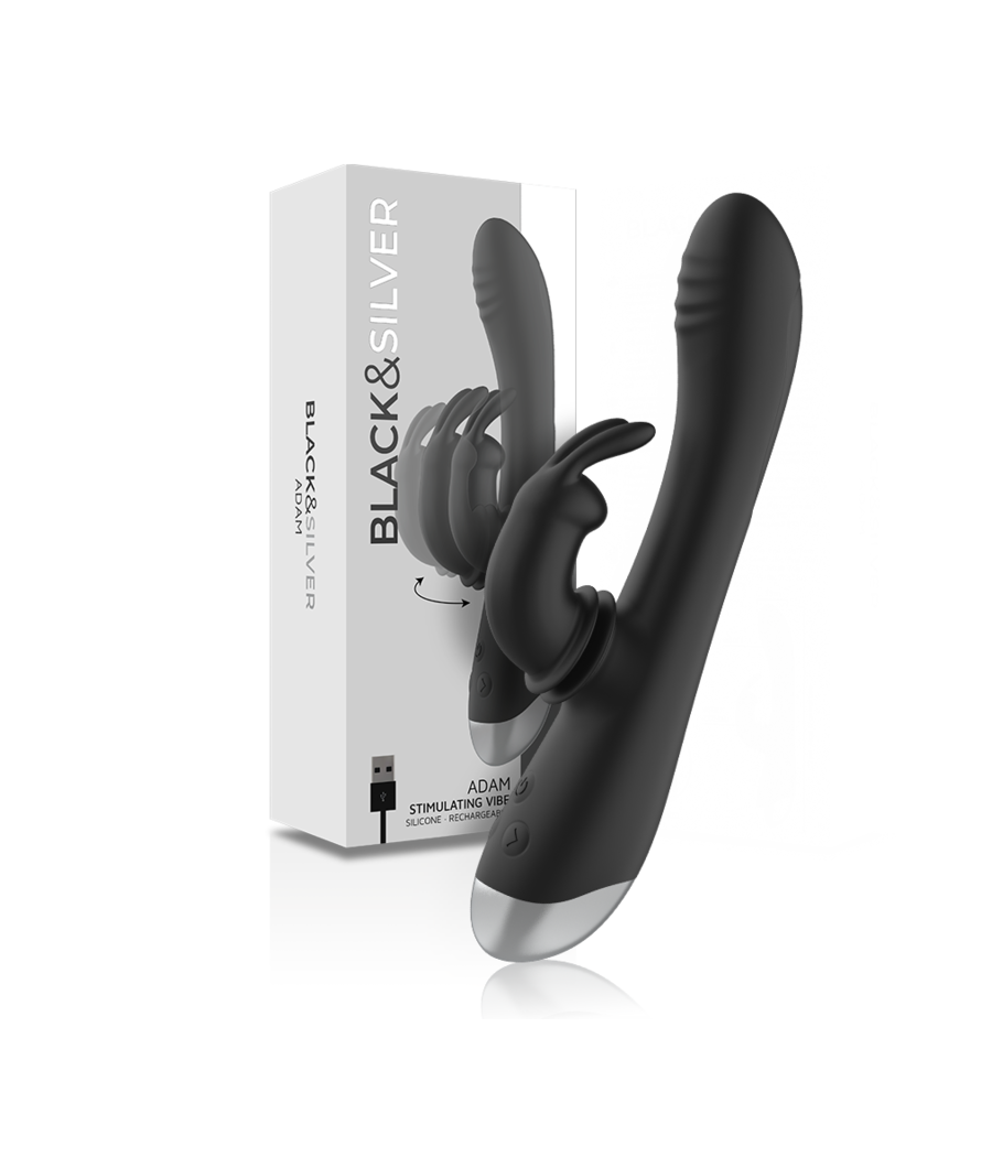 BLACK&SILVER - DJ. STIMULATEUR DE LAPIN RECHARGEABLE EN SILICONE ADAM NOIR