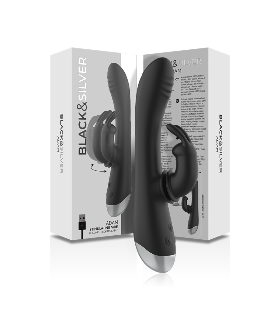 BLACK&SILVER - DJ. STIMULATEUR DE LAPIN RECHARGEABLE EN SILICONE ADAM NOIR