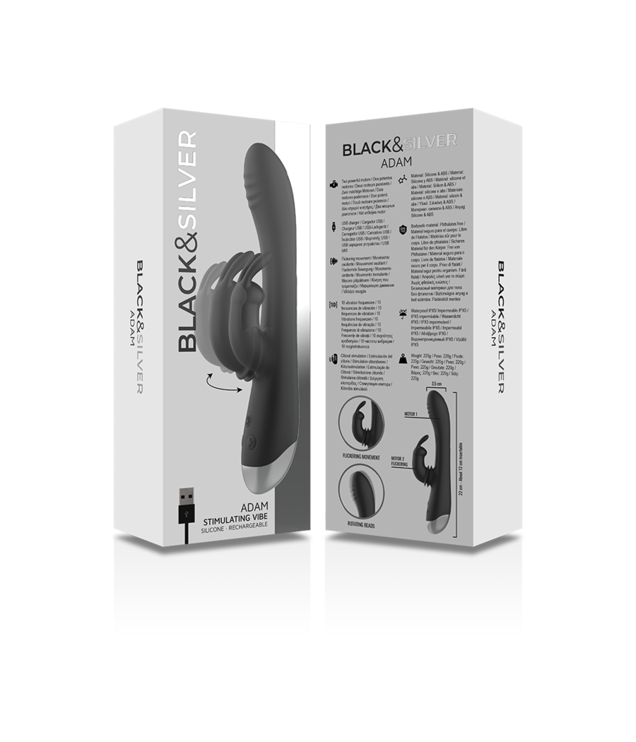 BLACK&SILVER - DJ. STIMULATEUR DE LAPIN RECHARGEABLE EN SILICONE ADAM NOIR