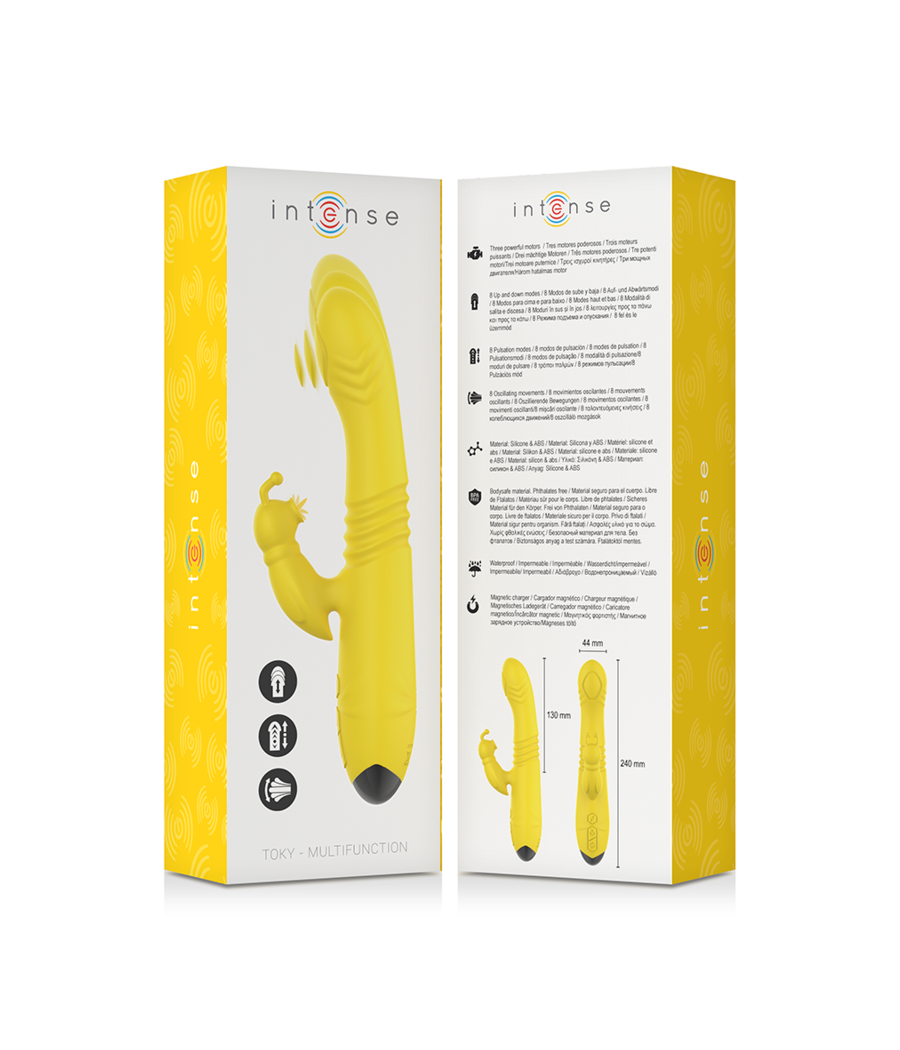 INTENSE - VIBRADOR MULTIFUNO TOKY PARA CIMA E PARA BAIXO COM ESTIMULADOR CLITÓRICO AMARELO