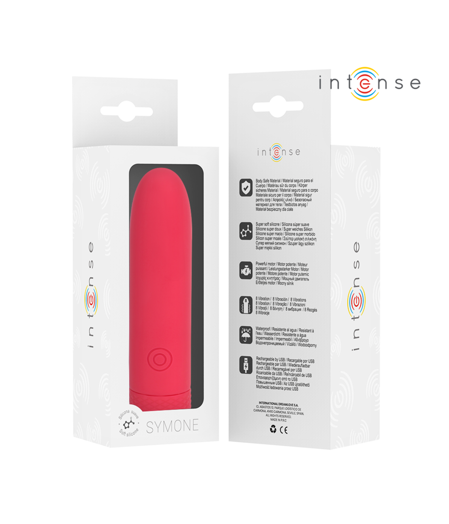 INTENSE - SYMONE USB WIEDERAUFLADBARER VIBRIERENDER BULLET 8 VIBRATIONEN ROT 10 X 2,2 CM