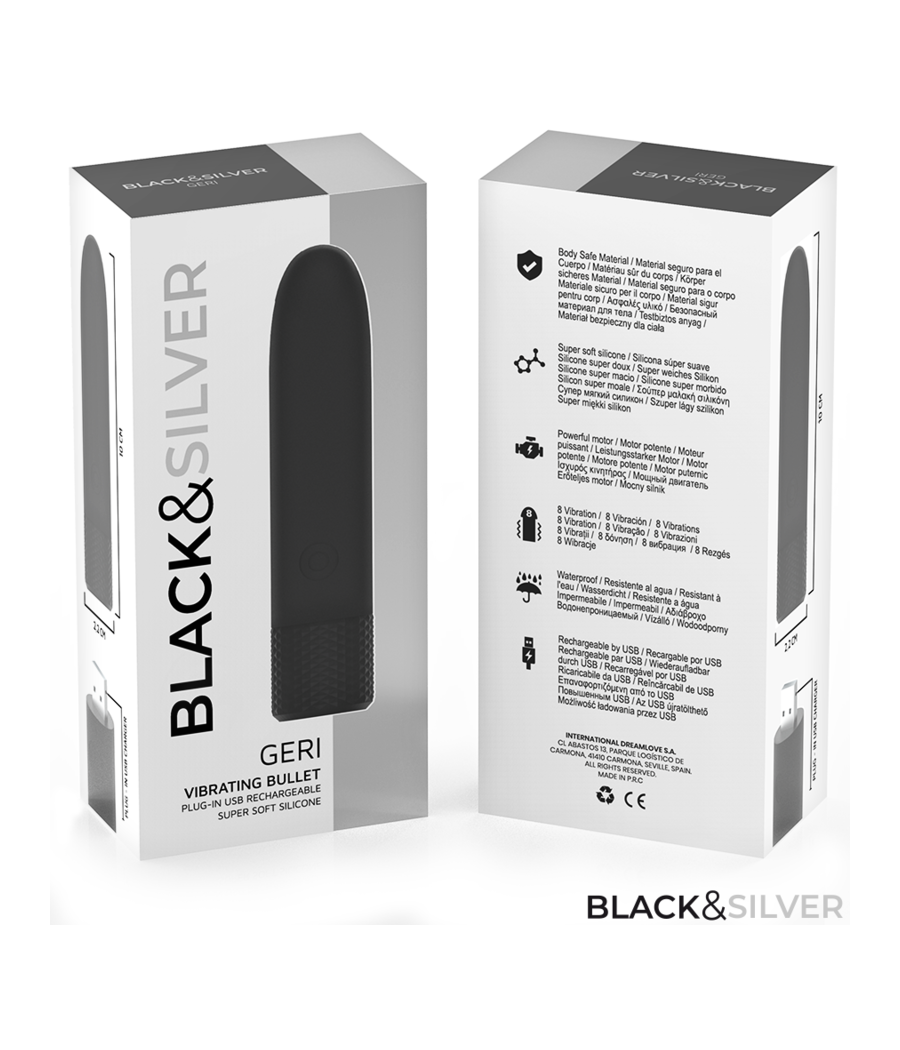 BLACK & SILVER - GERI USB RECARREGÁVEL VIBRATÓRIA BULLET 8 VIBRAÇÕES PRETO 10 X 2,2 CM