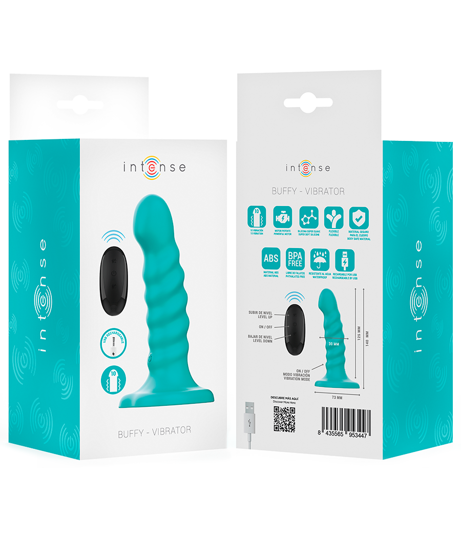 INTENSE - VIBRADOR BUFFY TAMANHO P DESIGN ESPIRAL 10 VIBRAÇÕES CONTROLE REMOTO AZUL