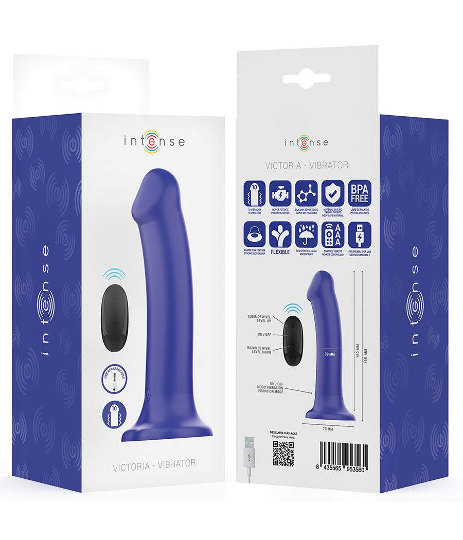 INTENSE - VICTORIA VIBRADOR CON VENTOSA 10 VIBRACIONES AZUL OSCURO CONTROL REMOTO