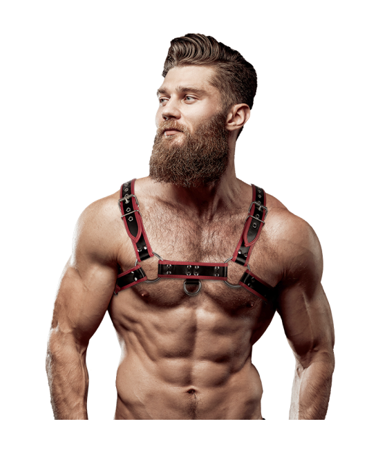 FETISH SUBMISSIVE ATTITUDE - MENS ECO-LEATHER CHEST HARNESS BLACK/RED