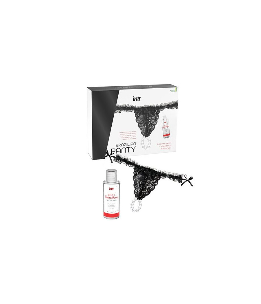 INTT RELEASES - CULOTTE BRÉSILIENNE NOIRE AVEC PERLES ET GEL LUBRIFIANT 50 ML