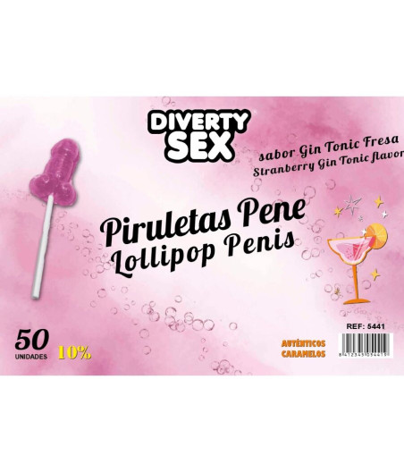 DIABLO GOLOSO - 50 PIRULETAS PENE GIN TONIC FRESA 10% ALCOHOL