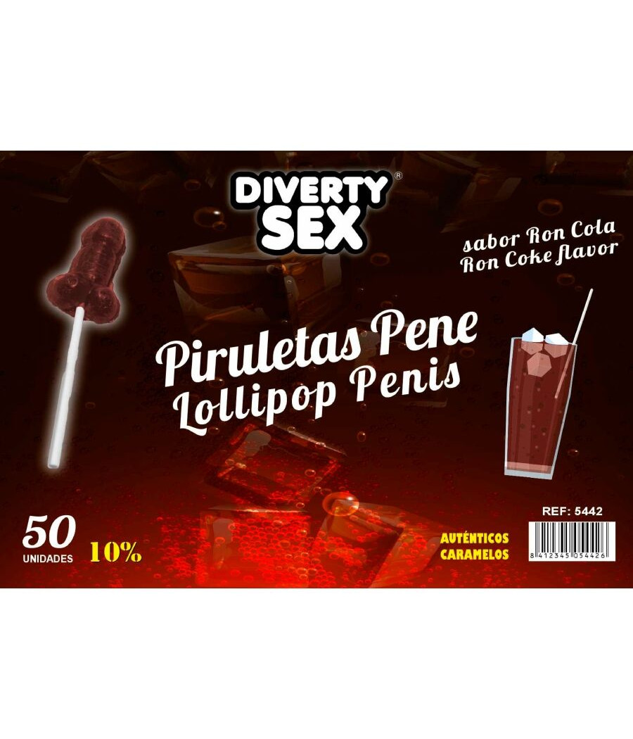 DIABLO GOLOSO - 50 PÊNIS PIRULITOPS RON COLA SABOR 10% ÁLCOOL