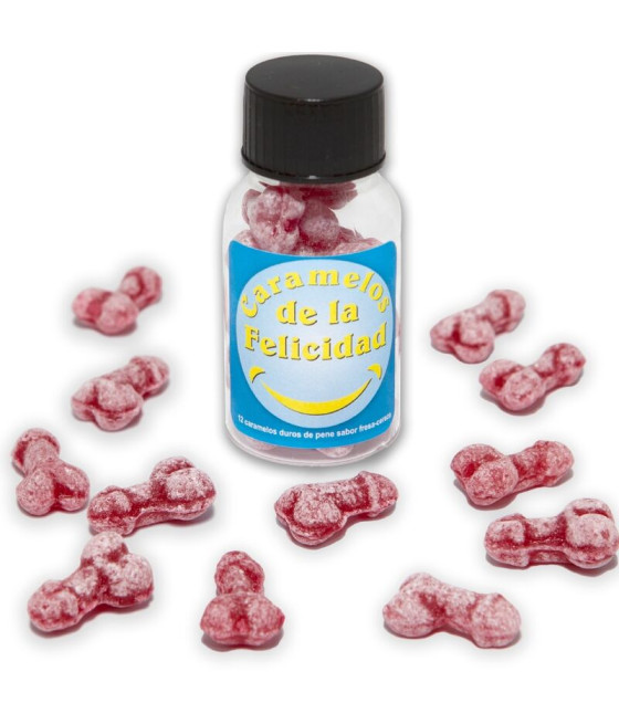 DIABLO PICANTE - BOTE 12 CARAMELOS DE LA FELICIDAD FORMA PENE FRESA/CEREZA