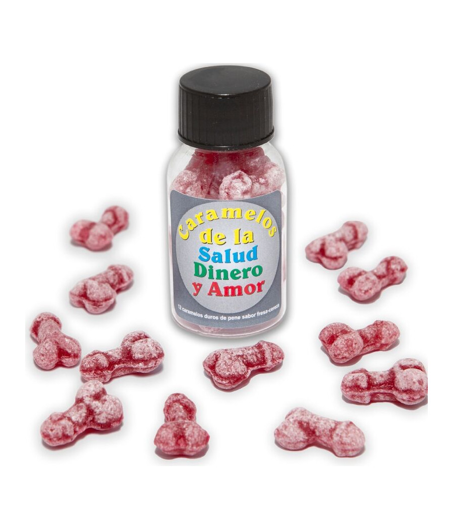DIABLO PICANTE - 12 BONBONS SANTÉ-ARGENT-AMOUR FORME DE PÉNIS FRAISE/CERISE