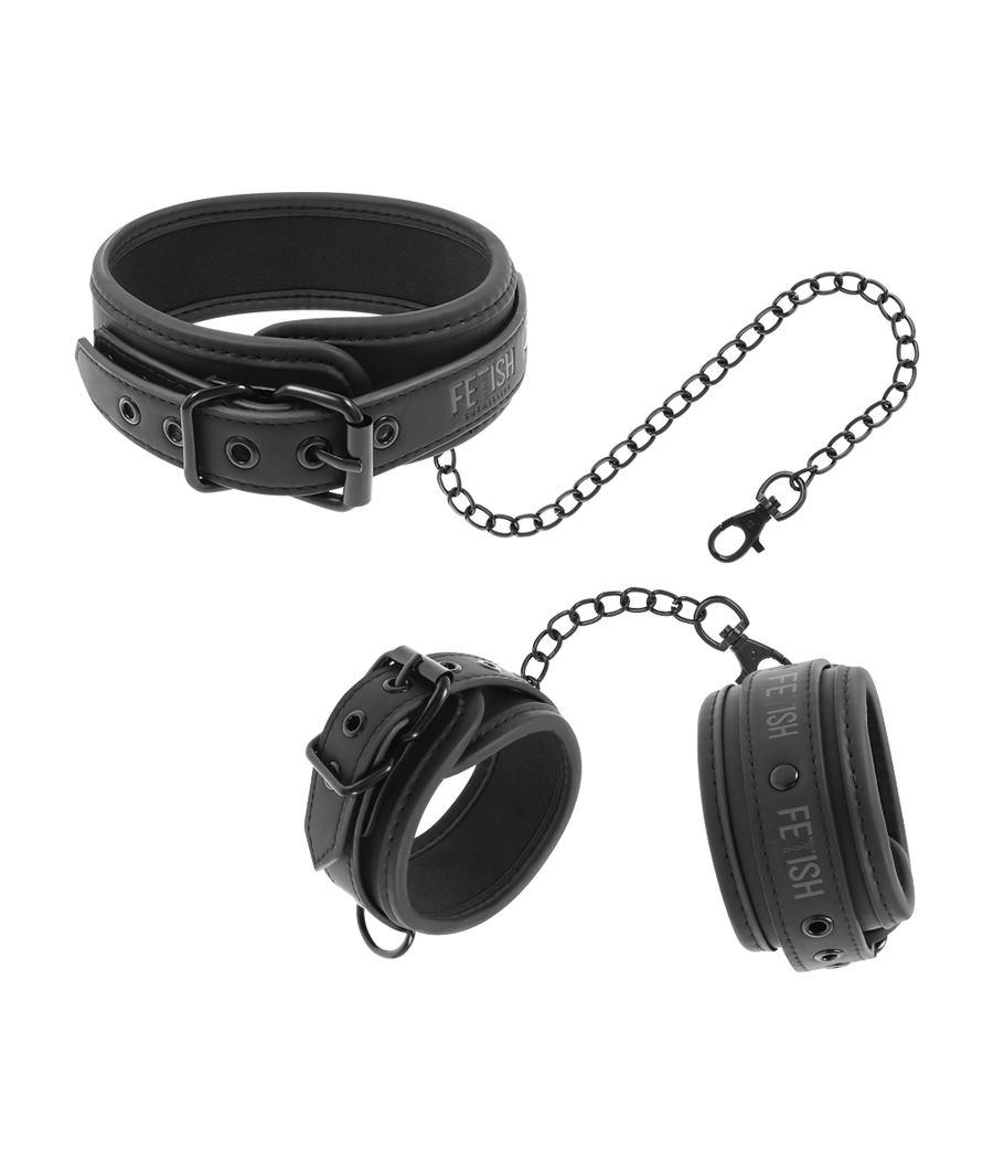 FETISH SUBMISSIVE - COLLIER ET MENOTTES EN CUIR VÉGAN AVEC DOUBLURE EN NOPRÈNE