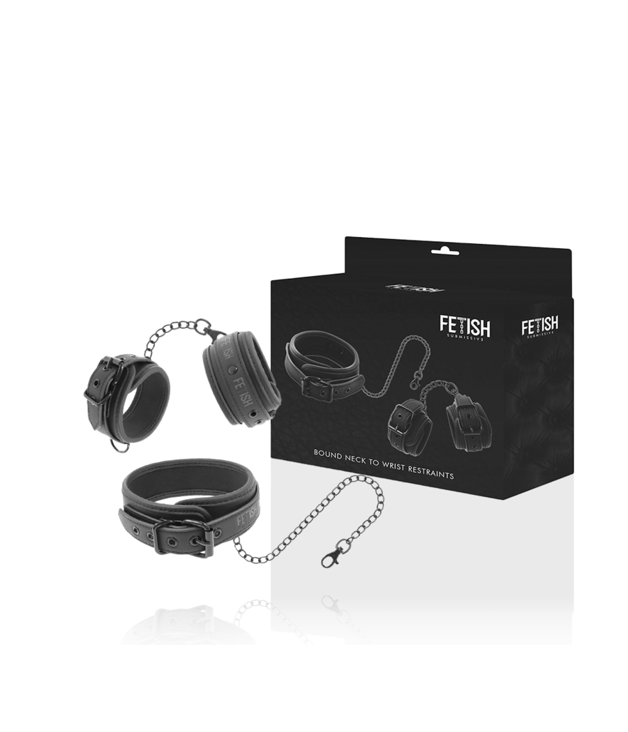 FETISH SUBMISSIVE - HALSKETTE UND HANDSCHELLEN AUS VEGANEM LEDER MIT NOPRENE-FUTTER