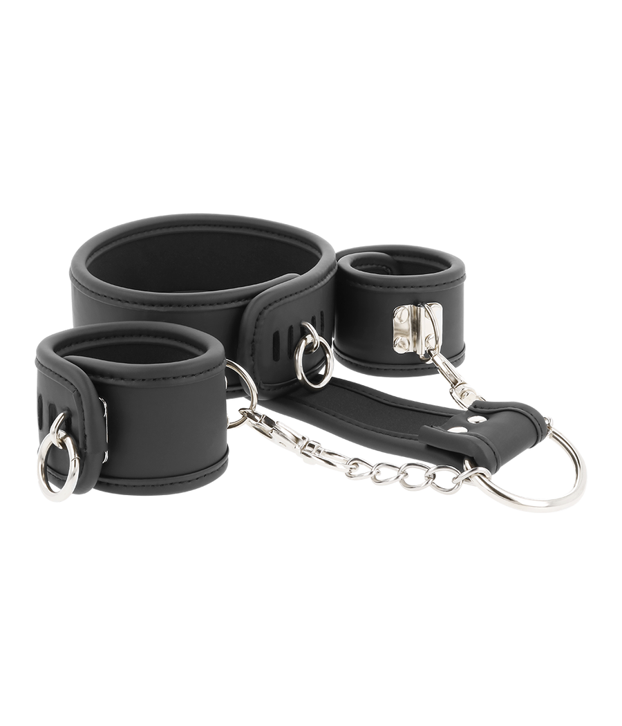 FETISH SUBMISSIVE - COLLAR Y ESPOSAS CUERO VEGANO CON FORRO DE NEOPRENO