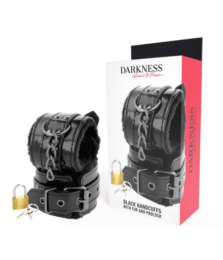 DARKNESS - SCHWARZE, VERSTELLBARE LEDERHANDSCHELLEN MIT VORHNGESCHLOSS