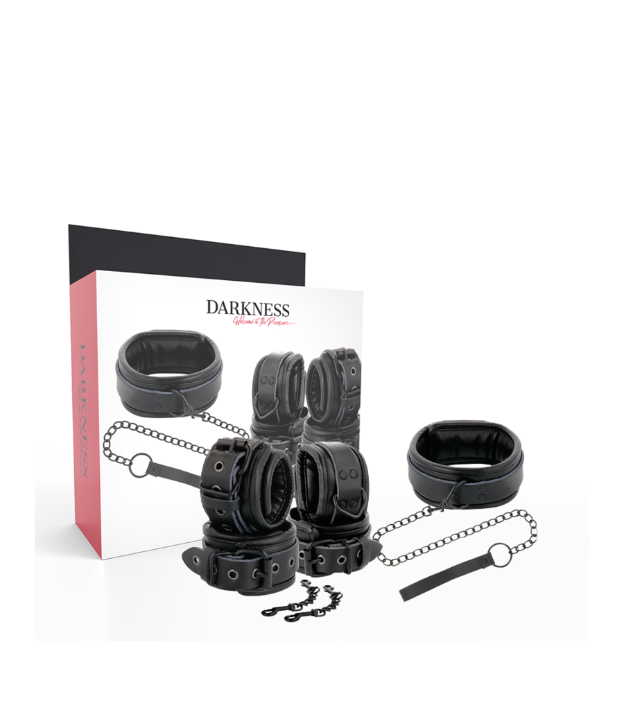 DARKNESS - BLACK LEATHER HANDCUFFS AND COLLAR