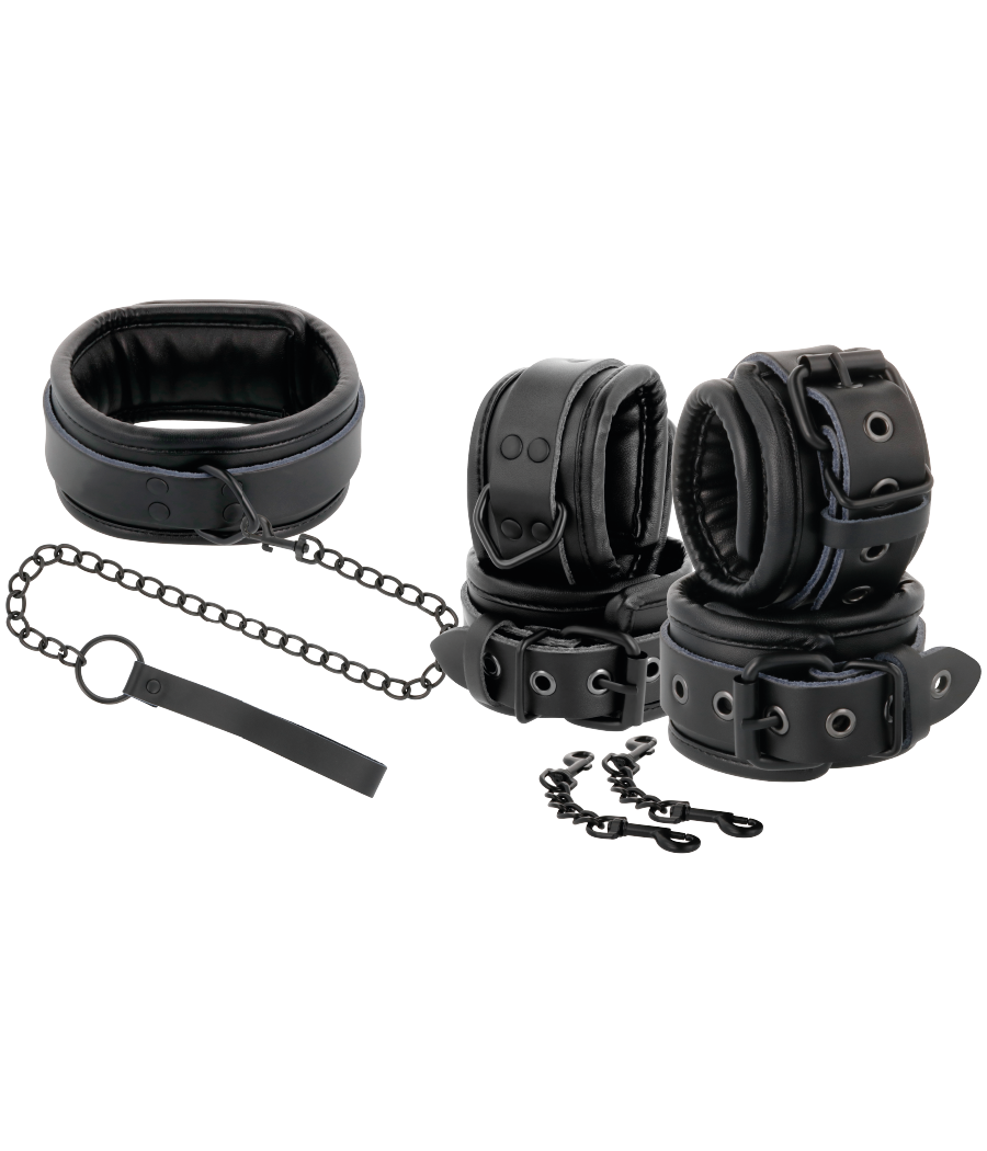 DARKNESS - BLACK LEATHER HANDCUFFS AND COLLAR