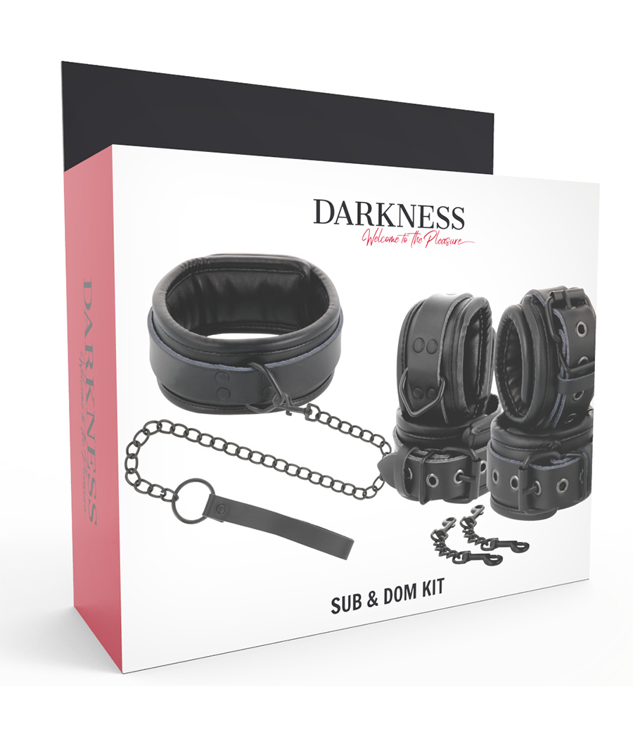 DARKNESS - BLACK LEATHER HANDCUFFS AND COLLAR