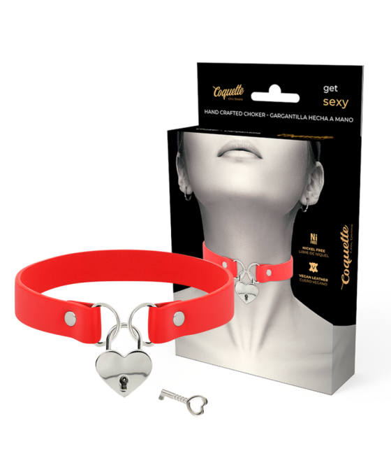 COQUETTE CHIC DESIRE - COLAR DE COURO VEGANO VERMELHO COM ACESSÓRIO DE CORAO COM CHAVE