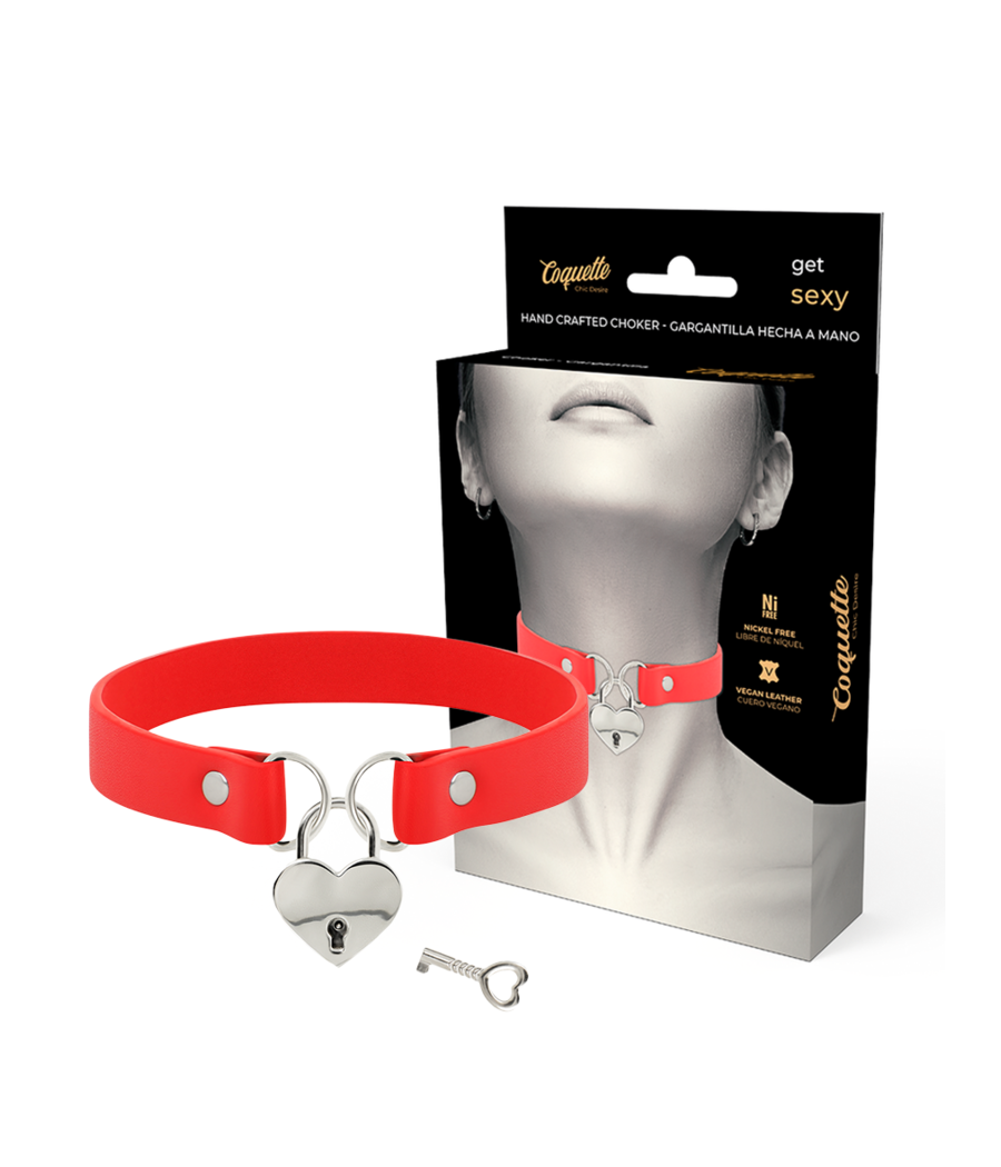 COQUETTE CHIC DESIRE - COLAR DE COURO VEGANO VERMELHO COM ACESSÓRIO DE CORAO COM CHAVE