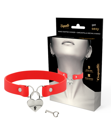 COQUETTE CHIC DESIRE - RED VEGAN LEATHER NECKLACE WITH HEART ACCESSORY WITH KEY