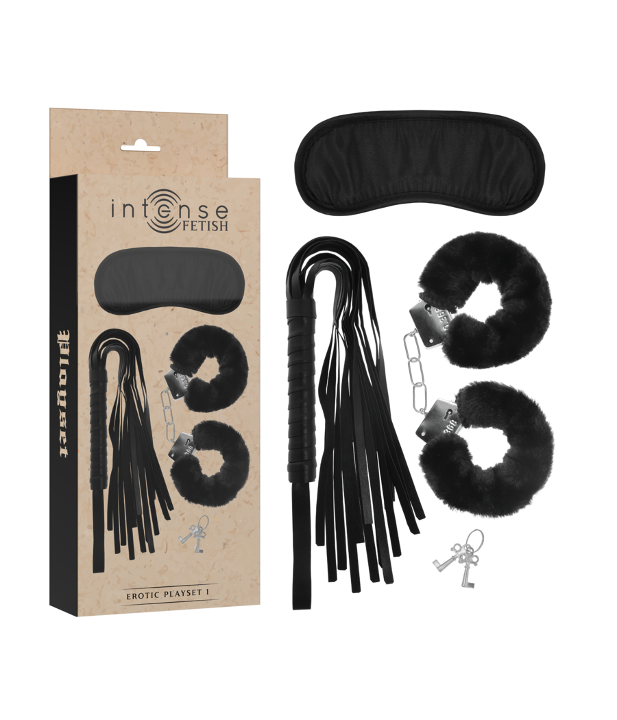 INTENSE - FETISH PLAYSET ÉROTIQUE 1 AVEC MENOTTES, MASQUE AVEUGLE ET FLOGGER