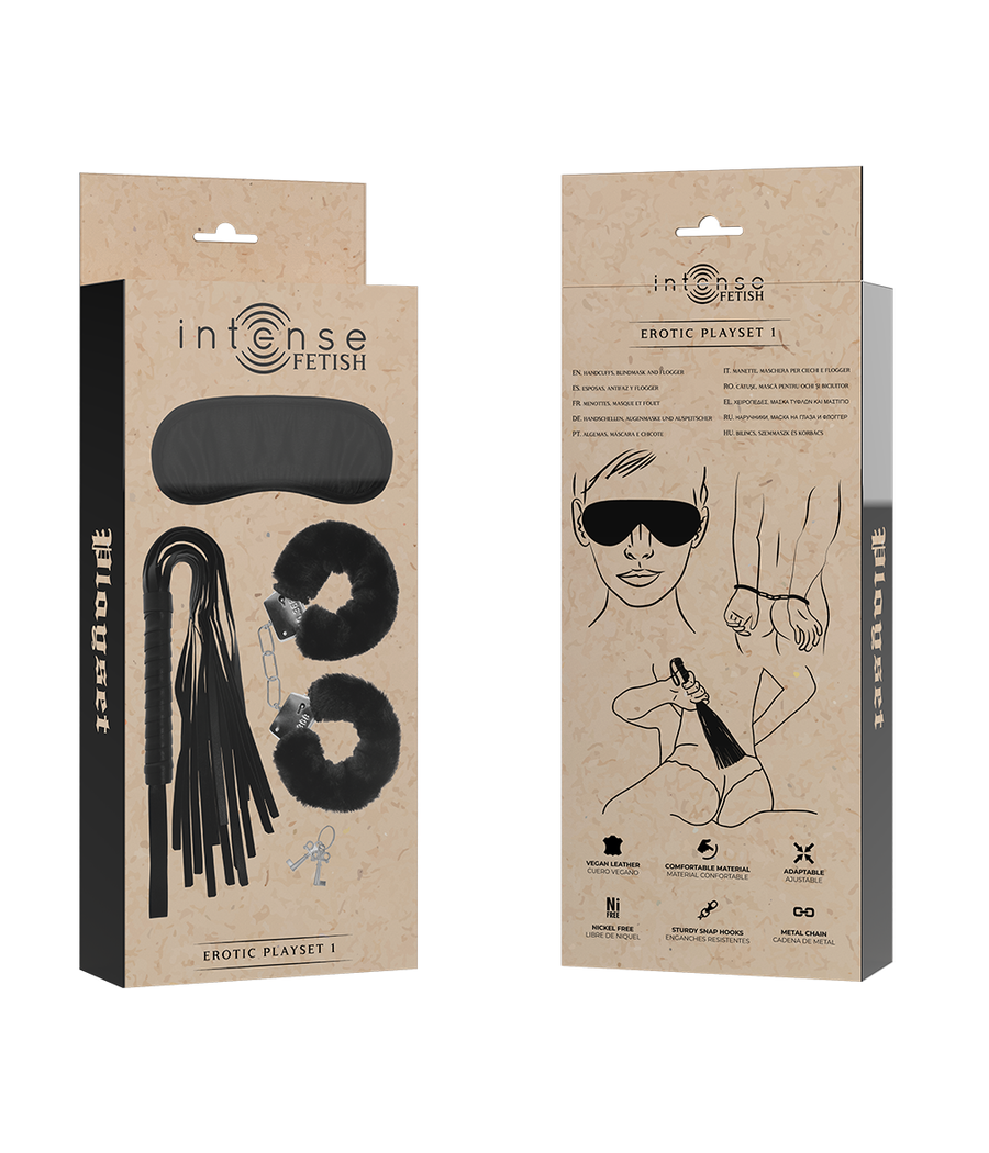 INTENSE - FETISH EROTIKSPIELSET 1 MIT HANDSCHELLEN, BLINDMASKE UND PEITSCHE