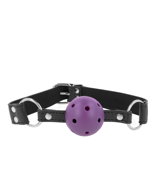 KINK - BOLA RESPIRÁVEL 4 CM MORDAÇA COM REBITE DUPLO ROXO 62,5 x 2,5 CM AJUSTÁVEL 42-58 CM