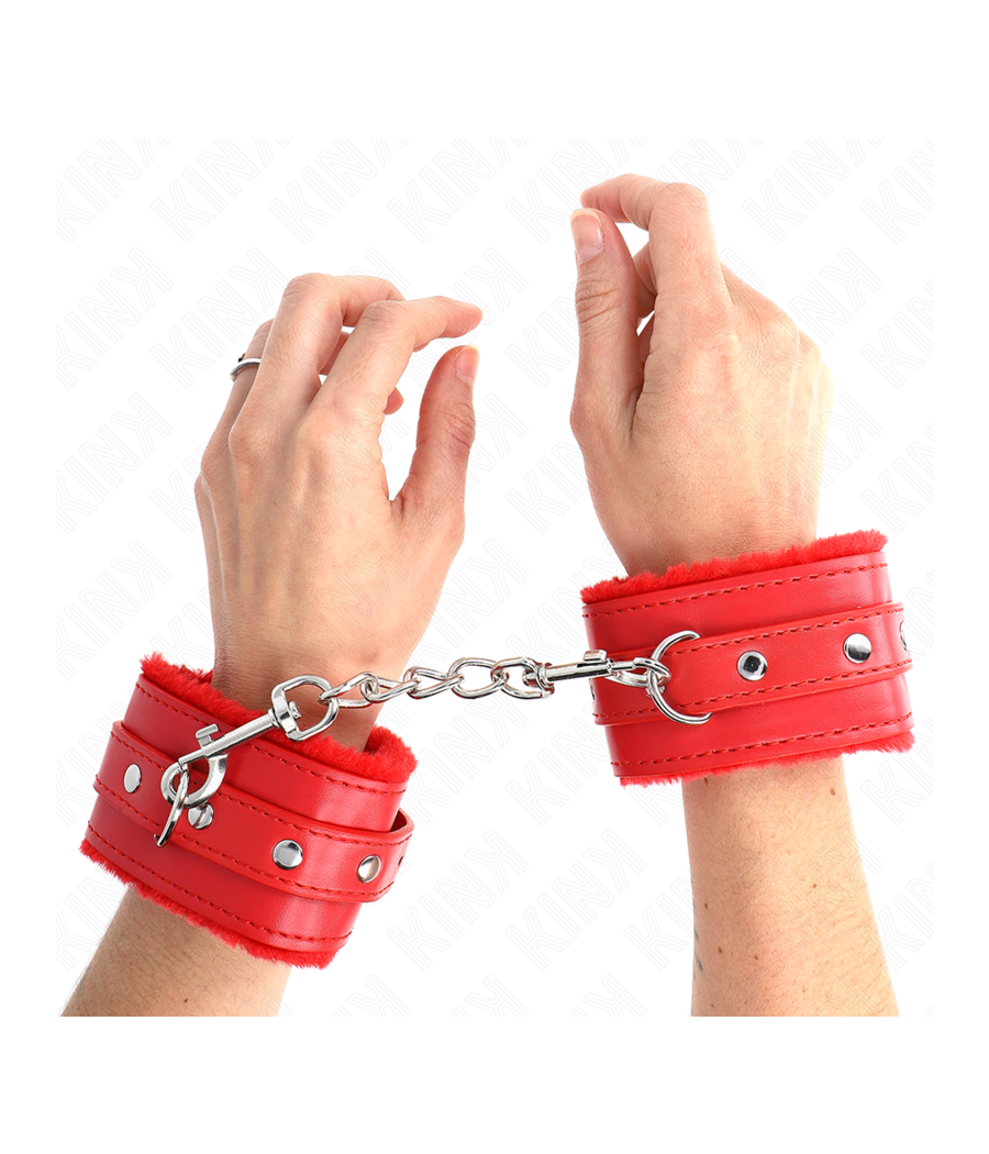 KINK - PREMIUM FUR LINED WRIST RESTRAINTS RED WITH RED BELT ADJUSTABLE 17-29 CM X 6 CM