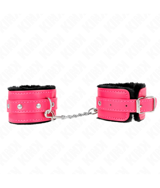 KINK - PREMIUM FUR LINED WRIST RESTRAINTS BLACK WITH RASPBERRY ROSE BELT ADJUSTABLE 17-29 CM X 6 CM