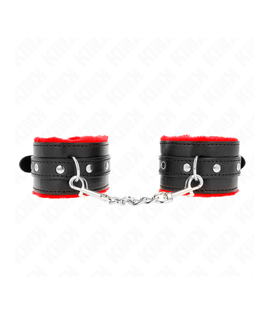 KINK - PREMIUM PELZGEFÜTTERTE HANDGELENKFESSELN ROT MIT SCHWARZEM GÜRTEL VERSTELLBAR 17-29 CM X 6 CM