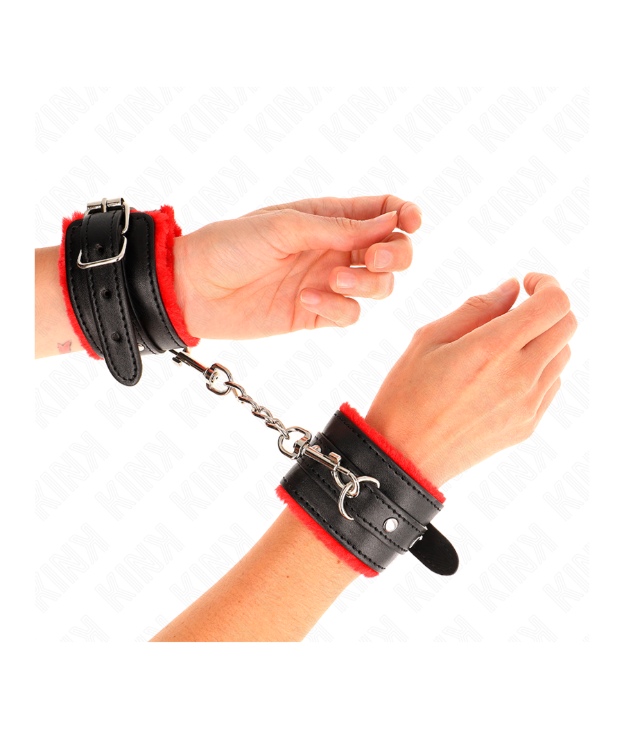 KINK - PREMIUM PELZGEFÜTTERTE HANDGELENKFESSELN ROT MIT SCHWARZEM GÜRTEL VERSTELLBAR 17-29 CM X 6 CM